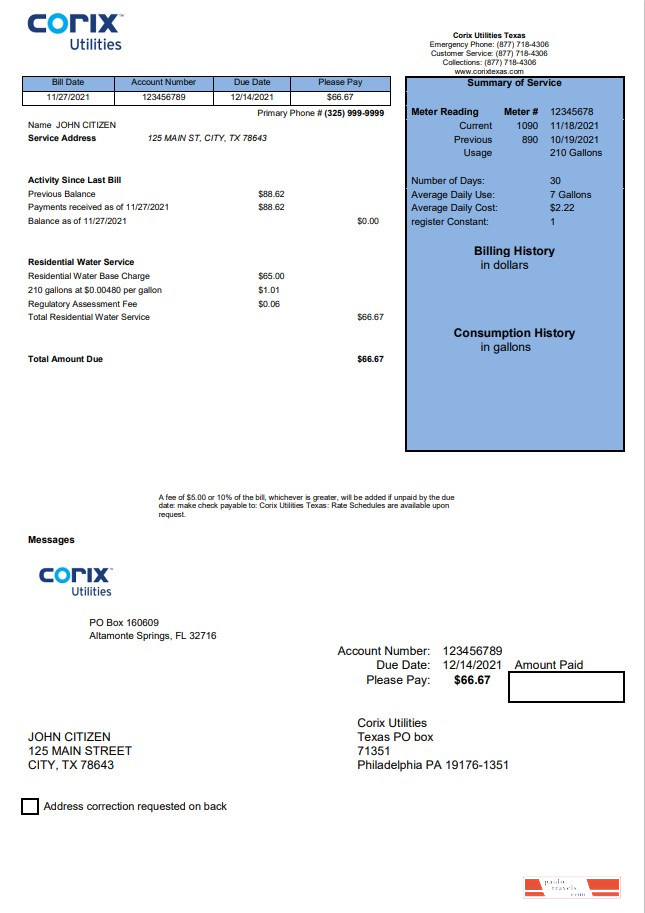 USA Corix Utilities bill template in Word and PDF format